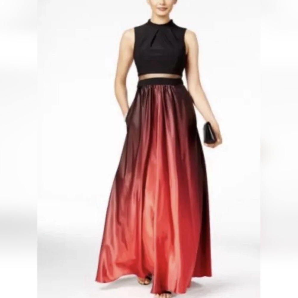 Betsy & Adam Black Crop Top with Red Ombre Satin Maxi Skirt